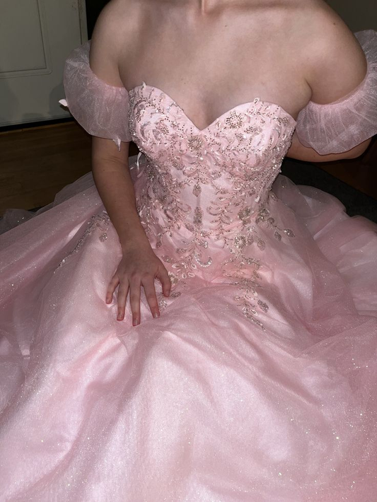 Charming Off The Shoulder Ball Gown Pink Tulle Sequin Beaded Birthday Quinceanera Dress Sweet 17 Dress SP2316