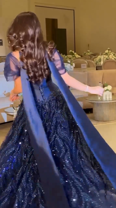 Gorgeous Navy Blue Satin Tulle Sequin Beaded Ball Gown Formal Party Dress With Scarf SP576