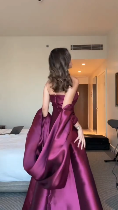 Chic Purple Strapless Satin A Line Long wedding Guest Dress Formal Birthday Party Dress SP2206