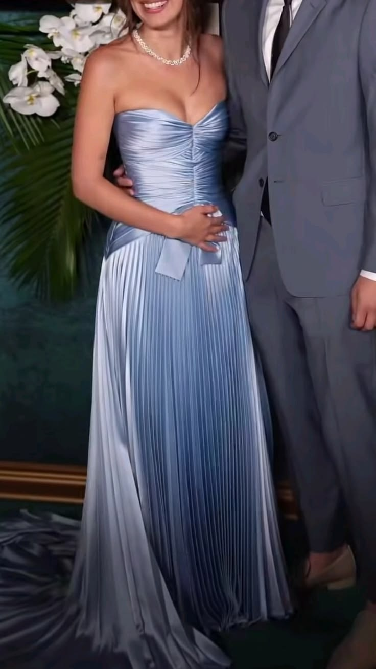 Glamorous Blue Satin Pleated Long Party Dress，Sweetheart Neck Long Wedding Guest Dress SP3341