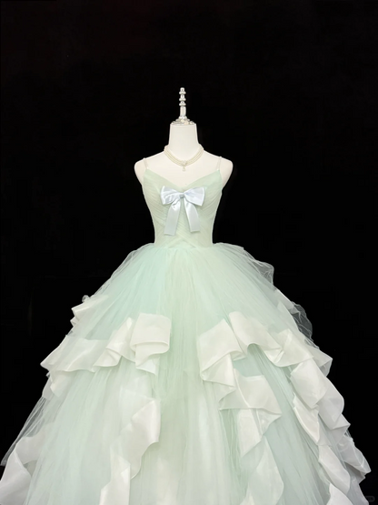 Sweet Spaghetti Straps Mint Green Tulle Ball Gown Formal Quinceanera Dress With Bow SP2218