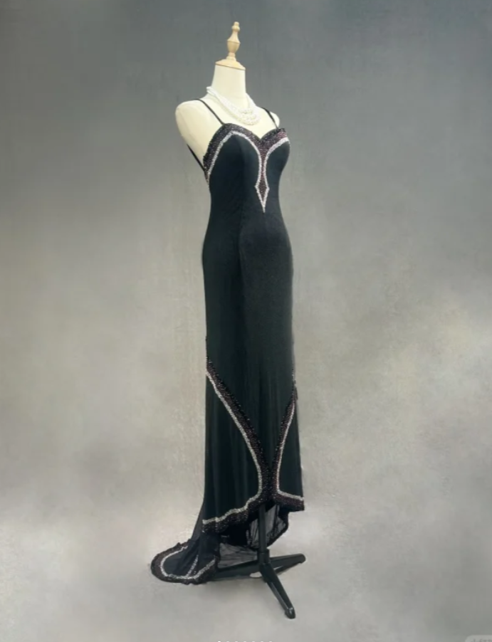 Stylish Spaghetti Straps Black Satin Beaded Mermaid Long Party Dress Formal Wedding Guest Dress SP1279