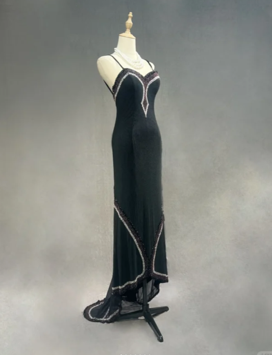 Stylish Spaghetti Straps Black Satin Beaded Mermaid Long Party Dress Formal Wedding Guest Dress SP1279