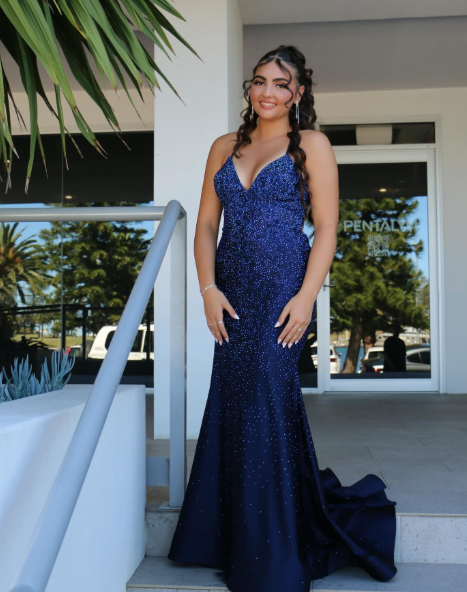 Sexy Navy Blue V Neck Satin Beaded Mermaid Long Party Dress Formal Wedding Guest Dress SP1353