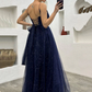 Spaghetti Straps Navy Blue V-neck A-line Long Fashion Prom Dresses Y5912