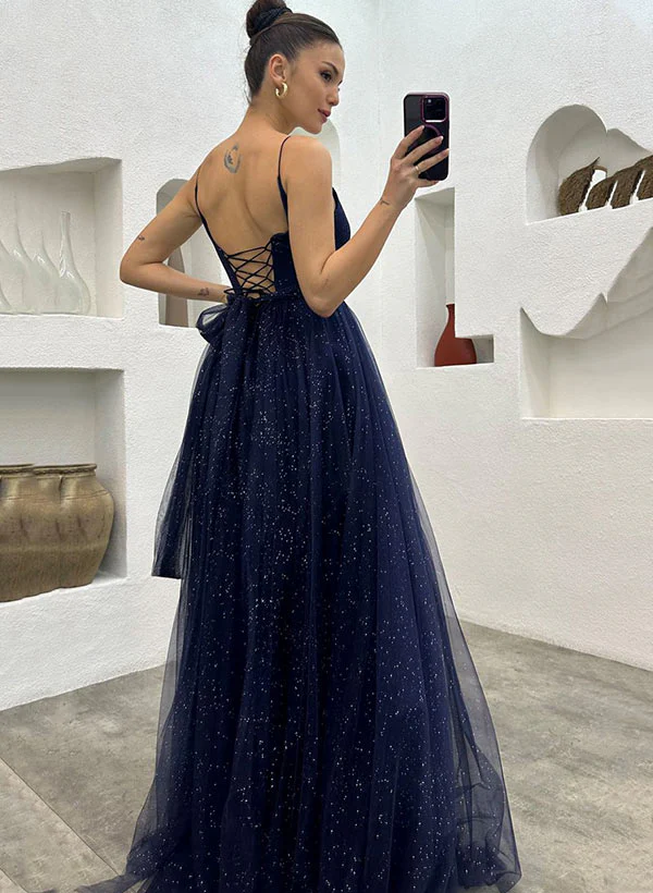 Spaghetti Straps Navy Blue V-neck A-line Long Fashion Prom Dresses Y5912