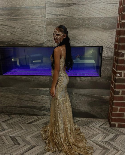 Princess Embroidered Corset Style Gold Mermaid Evening Dress Y5887