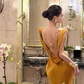 Stylish Gold Satin Mermaid Backless Long Evening Dress Formal 20th Birthday Outfits SP2030