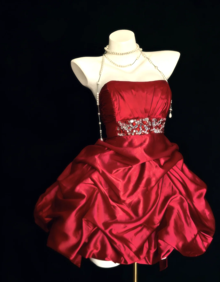 Cute Red Satin Pleated Beaded Short Homecoming Dress Birthday Outfits SP1625