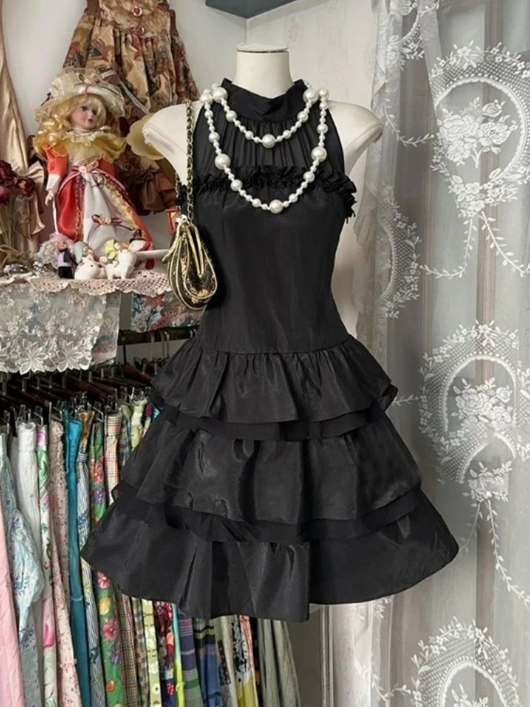 Fashion Sleeveless Black Satin Layered Short Graduation Homecoming Dress Cocktail Dress Y9912