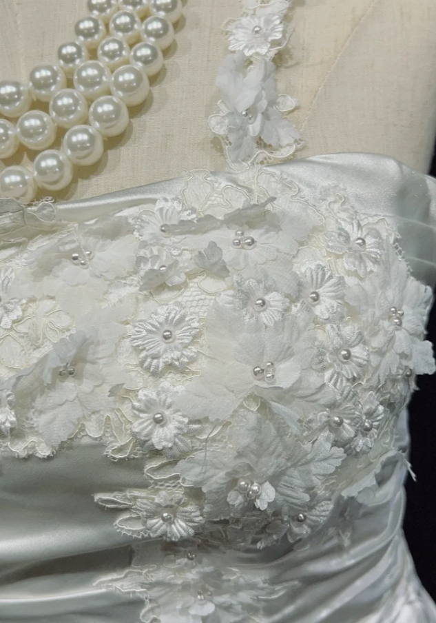 Pretty White One Shoulder Satin Pleated Appliques Mermaid Long Wedding Dress SP1284