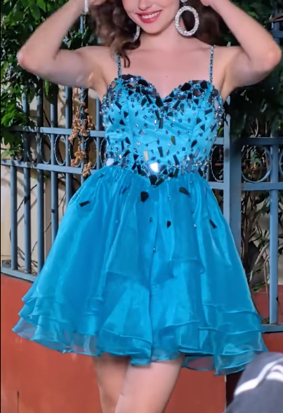 Gorgeous Spaghetti Straps Blue Tulle Sequin A Line Short graduation Homecoming Dress 19th Birthday Outfits SP87