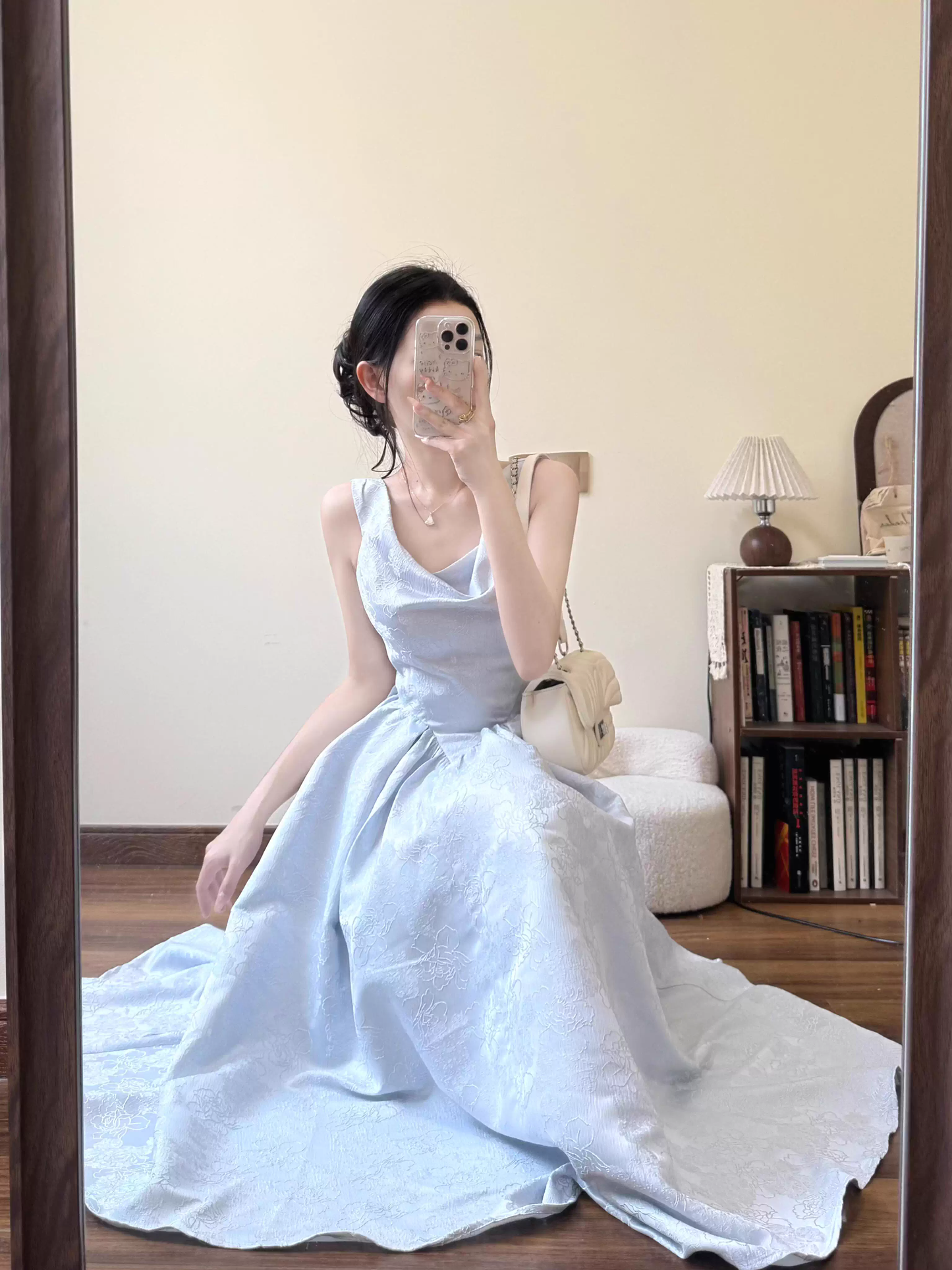 Unique Spaghetti Straps Blue Satin Print Floral A Line Long Birthday Prom Dress Evening Gown SP2027