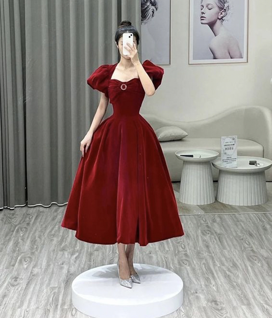 Burgundy Velvet Prom Dress, A-Line Puffy Sleeve Evening Party Dress Y4653