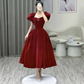 Burgundy Velvet Prom Dress, A-Line Puffy Sleeve Evening Party Dress Y4653