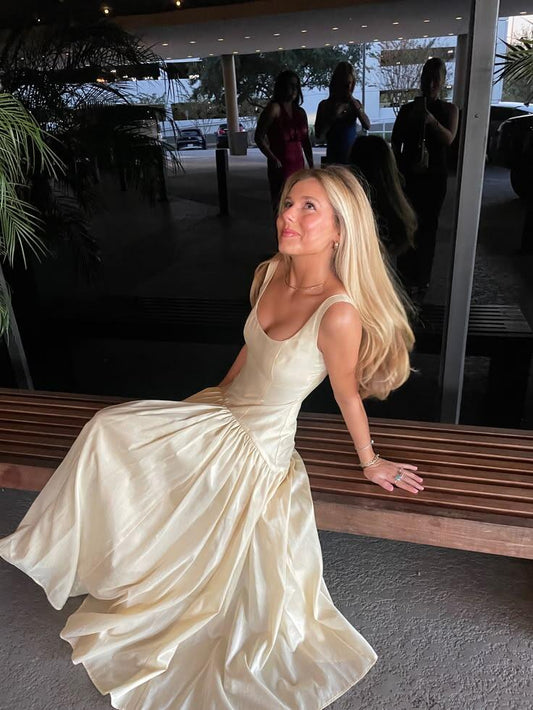 Elegant Off White Square Neck Satin A Line Long Party Dress Birthday Prom Dress SP4017