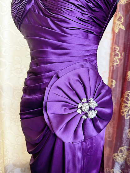 Sexy Spaghetti Straps Satin Pleated Slit Long Prom Dress Purple Mermaid Evening Gown SP2384