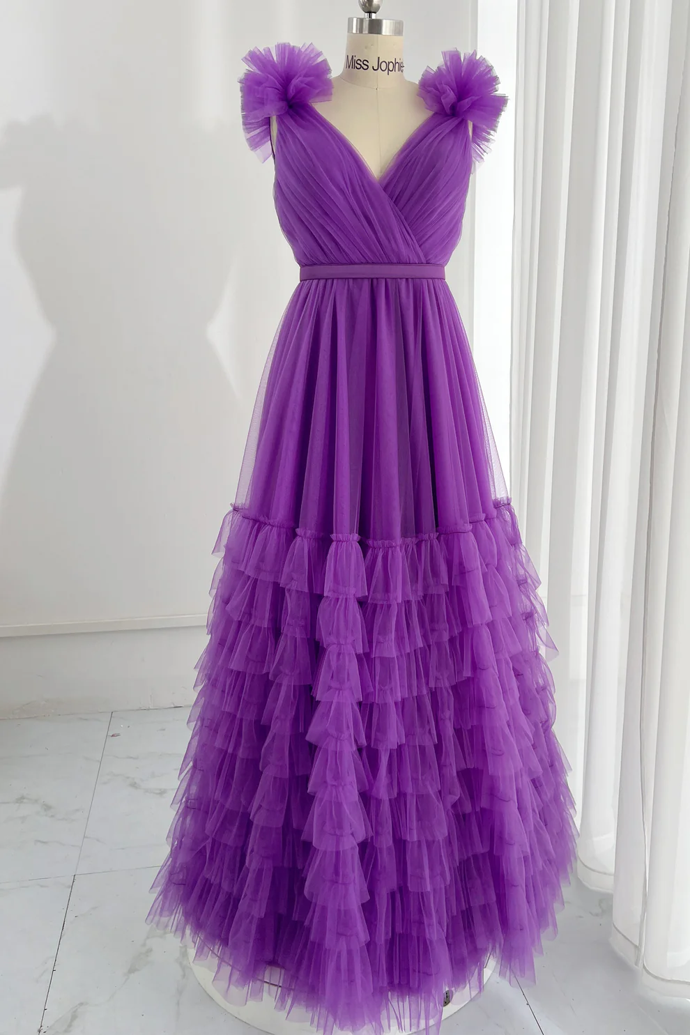 Sexy Purple Tulle Layered Ruffles Prom Dress,A Line Long Evening Dress Y8225