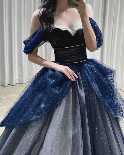 Gothic Glitter Blue Princess Tulle Prom Dress, Blue Long Evening Prom Dress, Fairy Dresses, Cottagecore Dress, Princess Gown Y5611