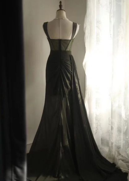 Vintage Green Satin Beaded Slit Mermaid Long Wedding Guest Dress Evening Dress SP1237