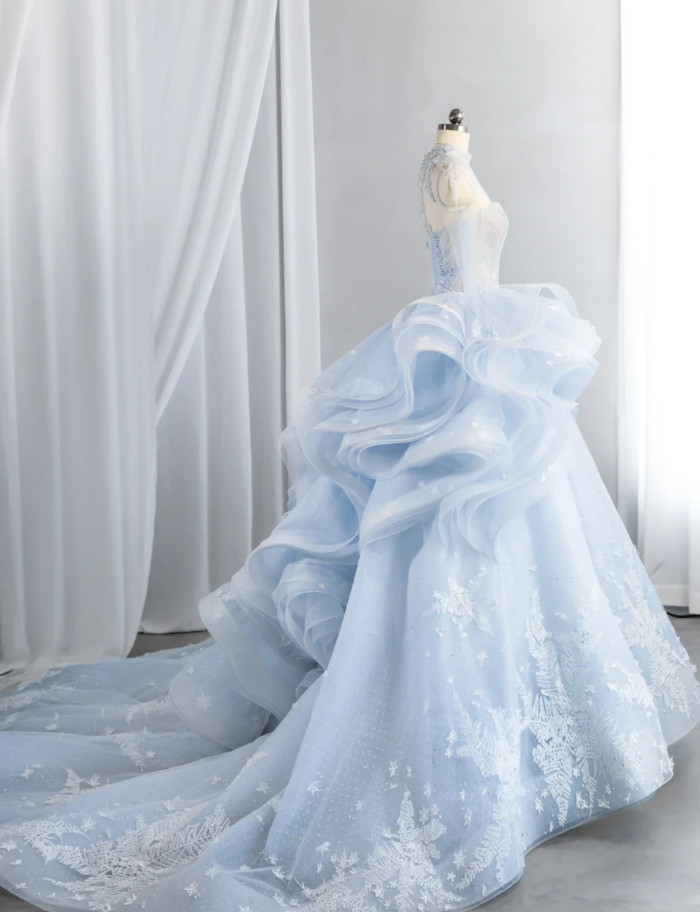 Charming Blue Tulle Sequin Appliques Princess Bridal Dress Long Wedding Dress SP1521