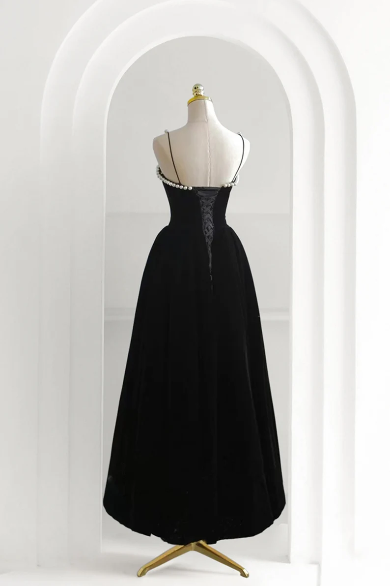 Black Velvet Pearls Elegant Dress, Spaghetti Straps Lace-up Dress, Prom Dress,Y2503