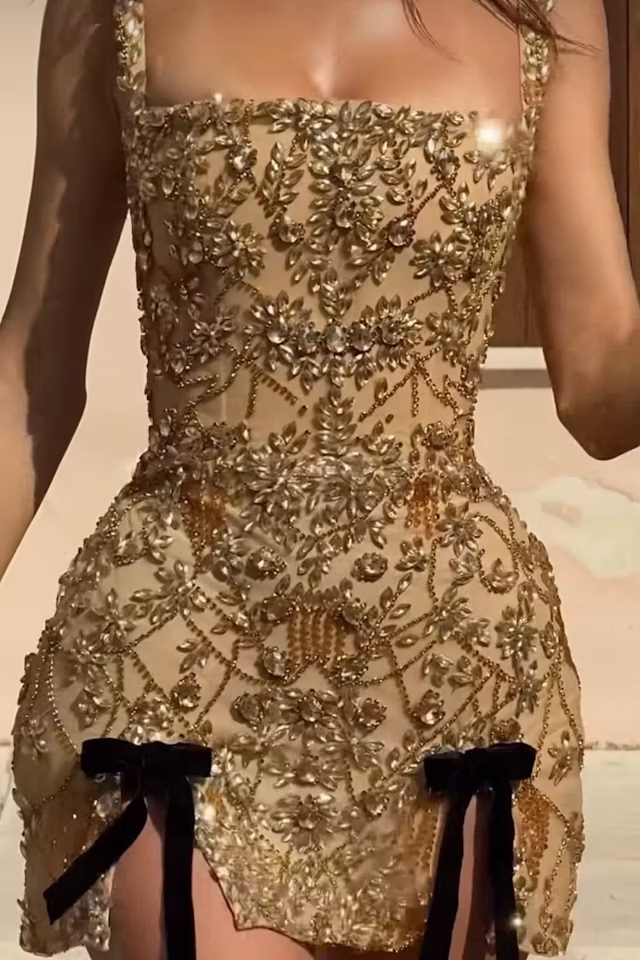 Gorgeous Square Neck Champagne Tulle Beaded Slit Sheath Cocktail Dress Formal Homecoming Dress Y9518