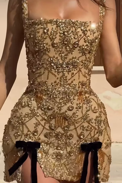 Gorgeous Square Neck Champagne Tulle Beaded Slit Sheath Cocktail Dress Formal Homecoming Dress Y9518