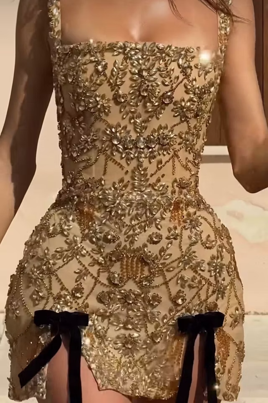 Gorgeous Square Neck Champagne Tulle Beaded Slit Sheath Cocktail Dress Formal Homecoming Dress Y9518