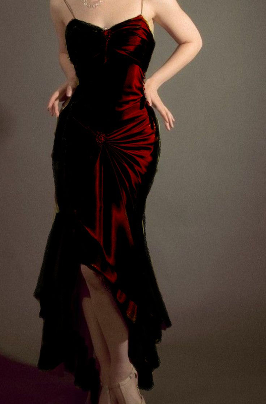 Sexy Mermaid Burgundy Prom Dress Spaghetti Straps Evening Dress Y8780