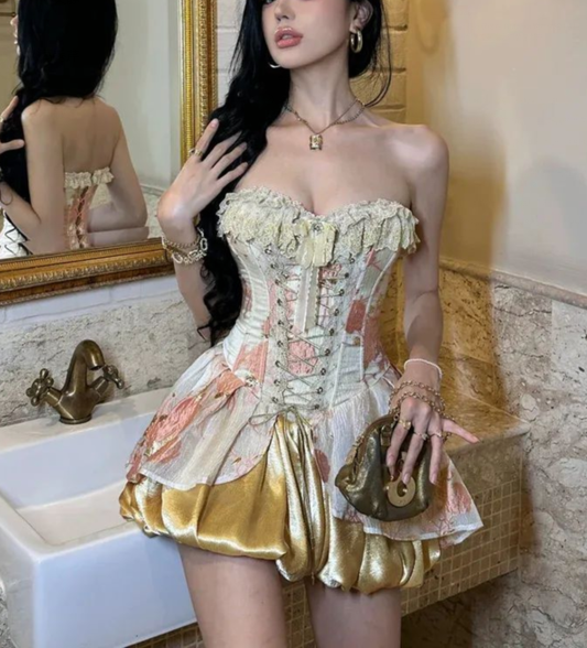 Vintage Satin Print Floral A Line Short 15th Birthday Outfits Strapless Graduation Homecoming Dress Y9096
