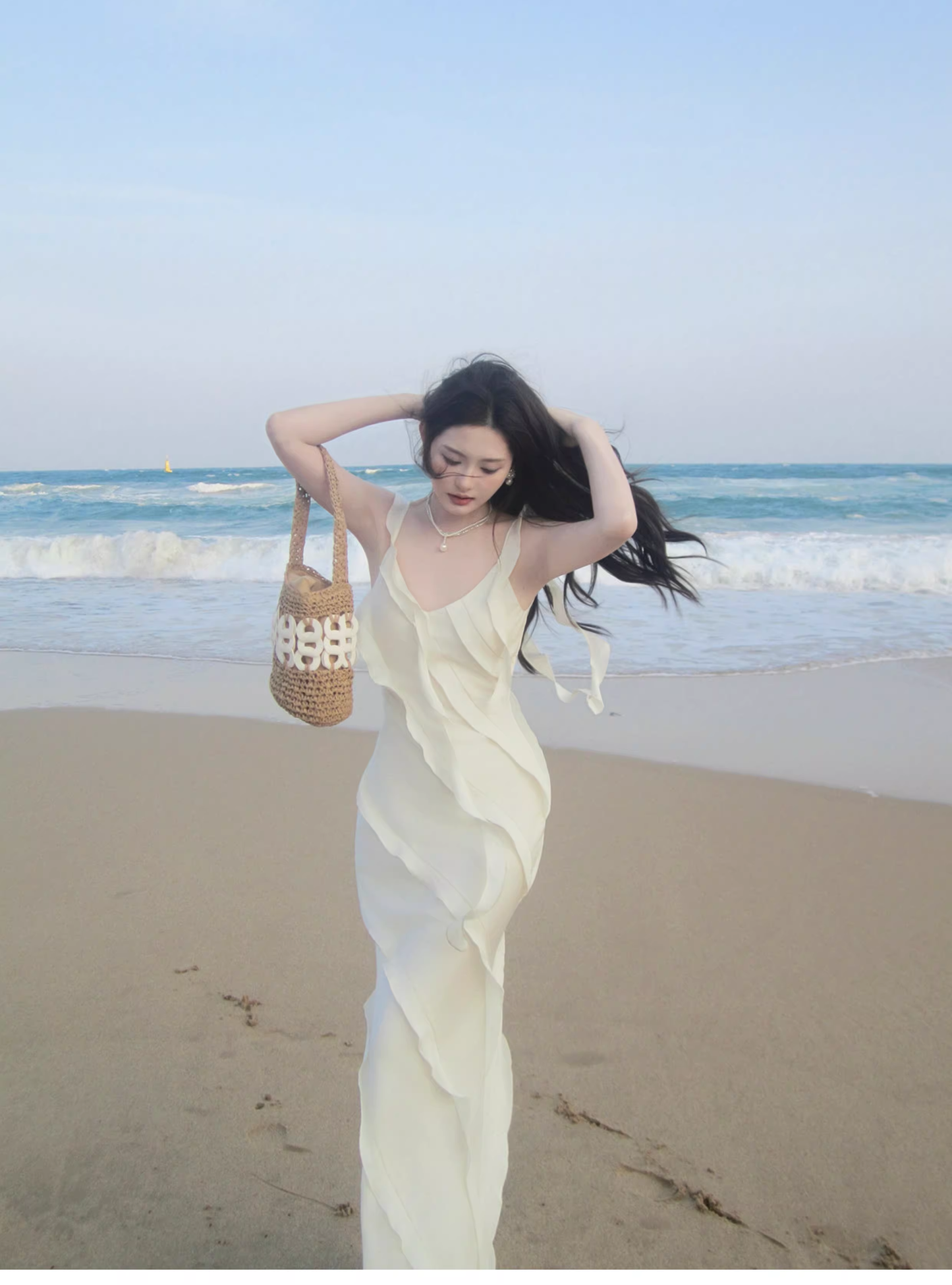 Classy V Neck White Satin Ruffles Mermaid Long Party Dress Formal Wedding Guest Dress SP1974