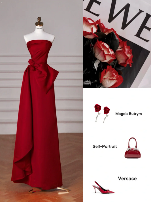 Elegant Red Satin Strapless Prom Dress,A Line Formal Evening Dress Y8624