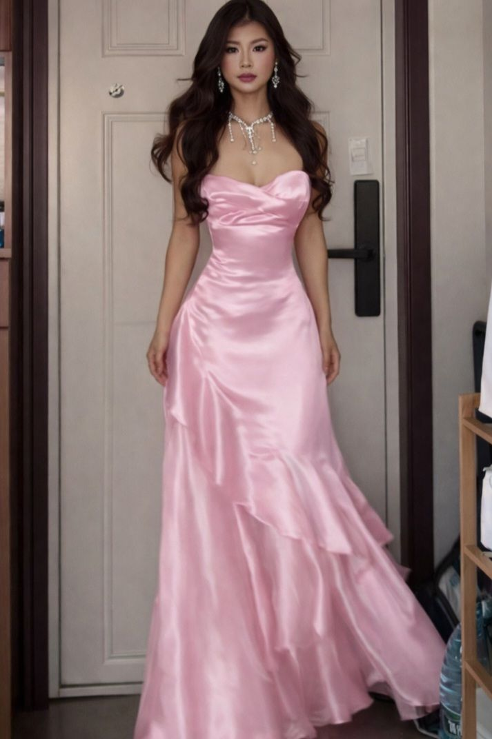 Pretty Spaghetti Straps Pink Satin Ruffle Mermaid Long Party Dress Birthday Dress SP1762