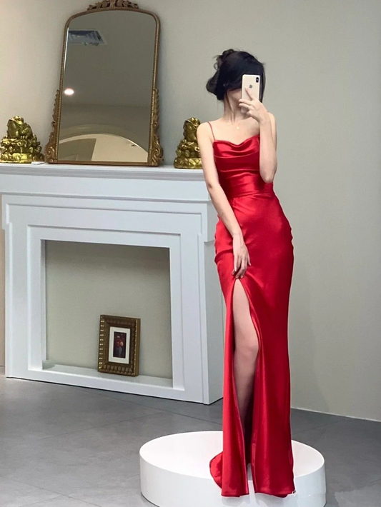Sexy Red Spaghetti Straps Long Prom Dress With Split,Red Formal Gown Y4576