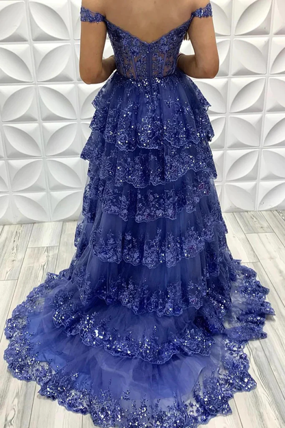 Off Shoulder Navy Blue Tulle Lace Long Prom Dresses, Off The Shoulder Lace Blue Evening Party Dresses Y2973