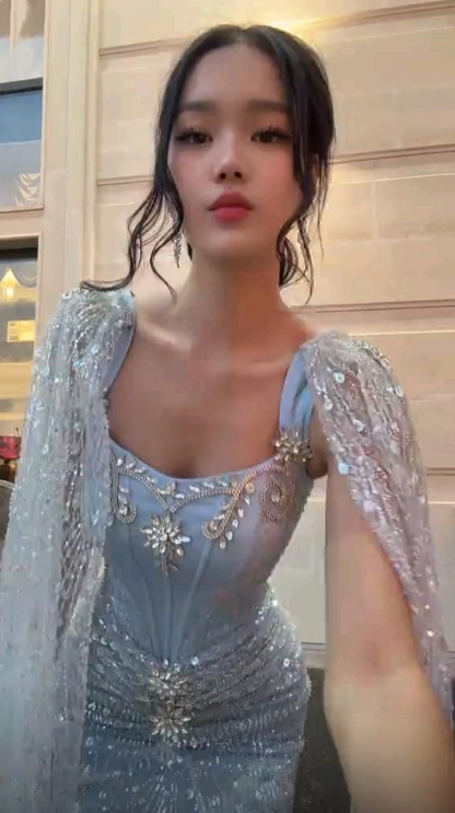 Elegant Blue Satin Tulle Sequin Beaded Long Party Dress Birthday Prom Dresses SP3996