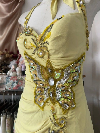 Elegant Yellow Mermaid Halter Neck Sequin Diamond Long Prom Dress,Backless Slit Evening Dress Y8554