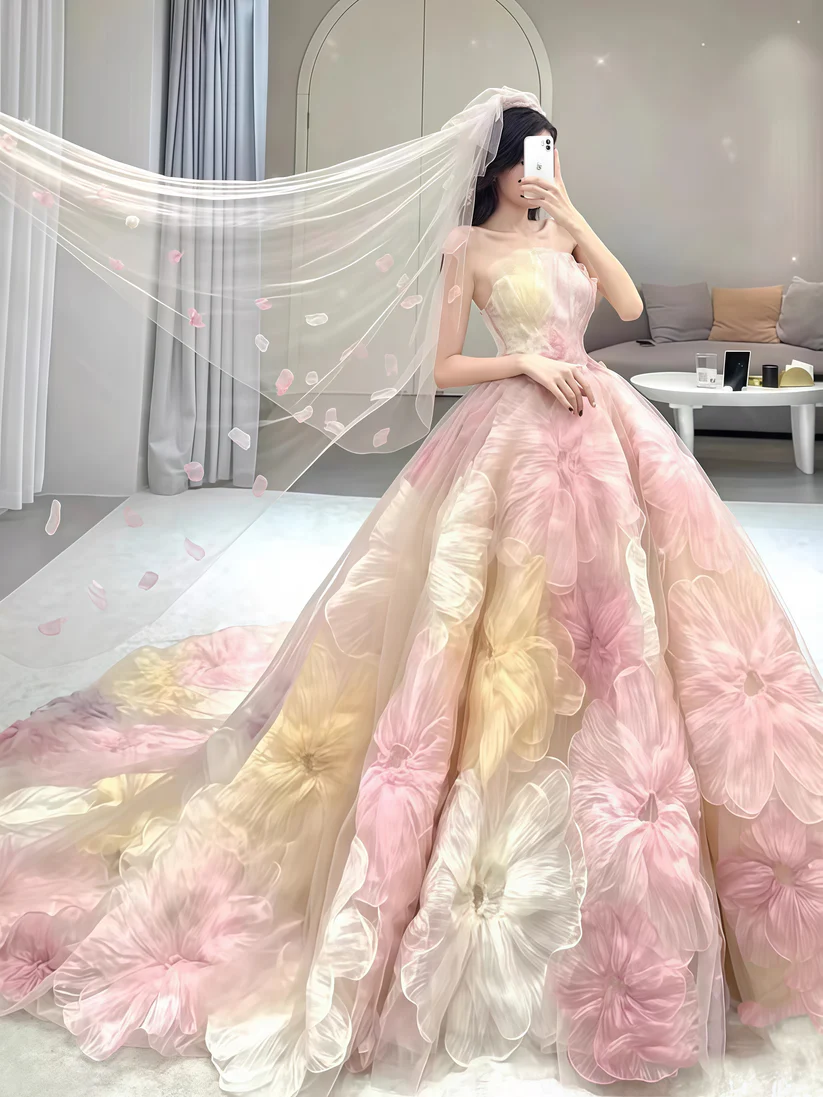 Dream Princess Floral Ball Gown, Strapless A-line Evening Prom Dress,Wedding Dress Y8289