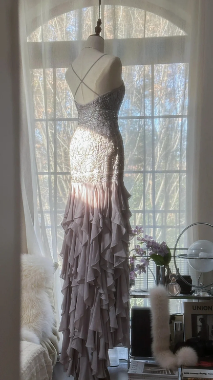 Purple Romantic Beaded Lace Long Chiffon Ruffles Evening Gown Formal Prom Dress Birthday Party Dress Y9791
