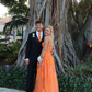 Orange Lace Appliques Prom Dress Illusion Sweetheart Strapless Tulle A Line Sweep Train Evening Gowns Graduation Party Y4167