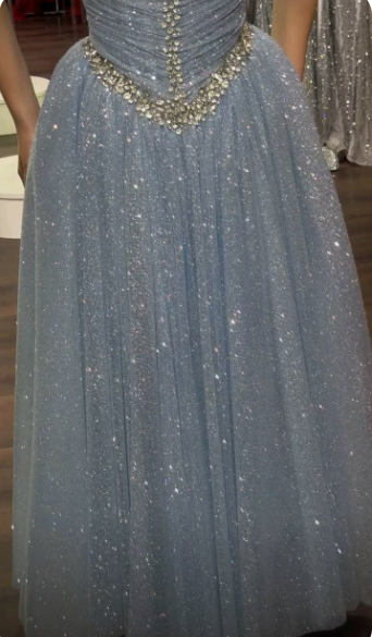 Glitter Strapless Light Blue Tulle Sequin Beaded A Line Long Party Dress Birthday Prom Gowns SP4147