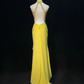 Sexy Yellow Halter V Neck Chiffon Beaded Mermaid Evening Dress Backless Long Prom Gowns SP1967