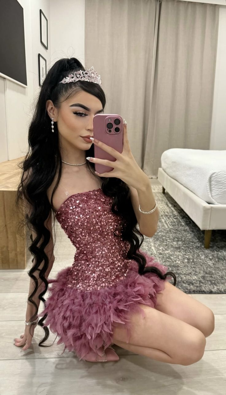 Sexy Strapless Rouge Pink Sequin Feather Mini Cocktail Dress Short 8th Grade Homecoming Dress SP2306