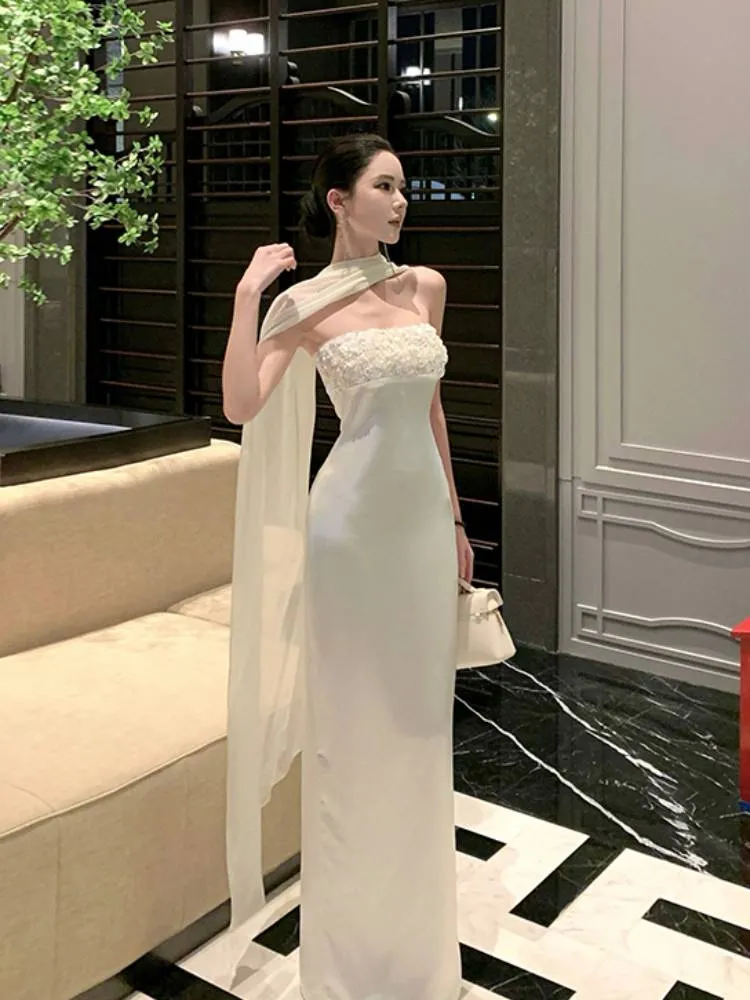 Elegant White Strapless Satin Floral Sheath Long Evening Dress Birthday Dress With Scarf SP2290