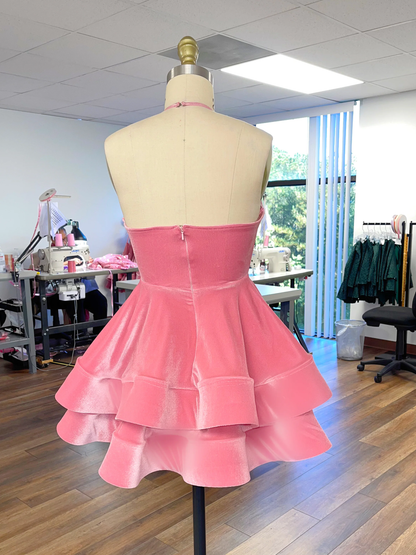 Cute A-line Pink Homecoming Dress,Halter Neckline Pink Party Dress Y2153