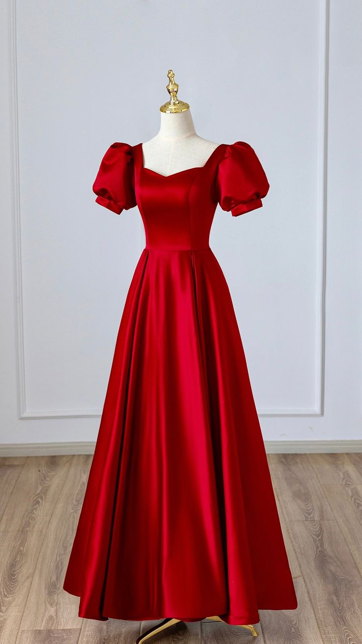 Red Satin Long Prom Dress, Simple A-Line Short Sleeve Evening Party Dr – Simplepromdress