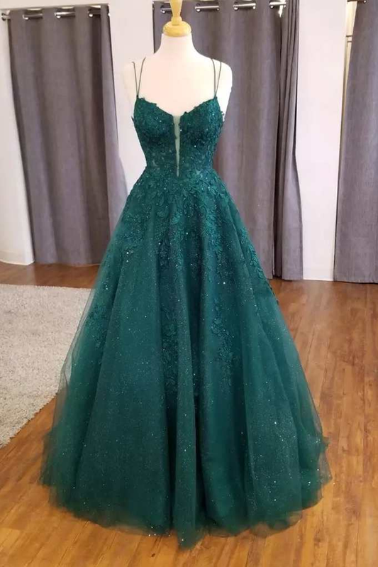 Hunter Green Floral Appliques Straps A-Line Prom Dress Y5735