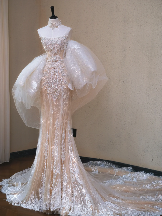 Classy Champagne Strapless Tulle Lace Appliques Mermaid Long Wedding Dress Bridal Dress Y9111