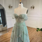 Sage Green A-Line Off The Shoulder Tulle Beaded Evening Dress,Formal Prom Dress Y8157